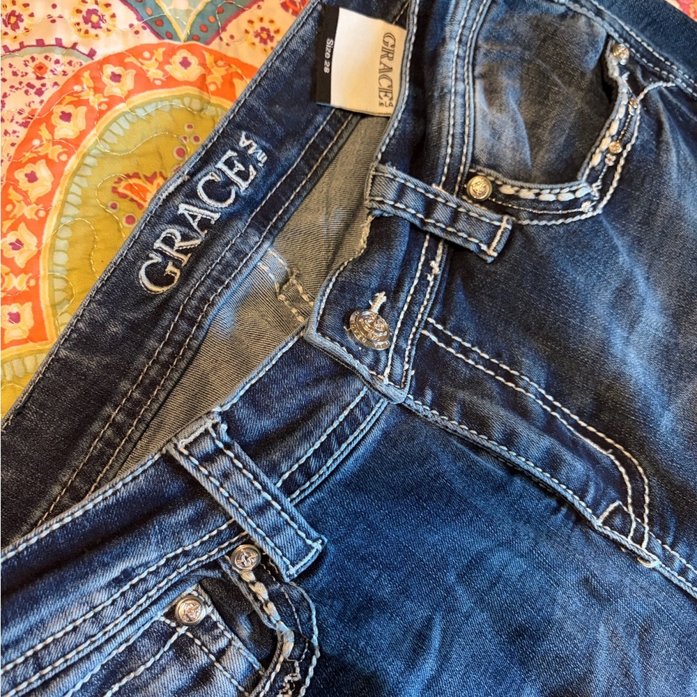 Grace Dark Blue Embroidered Waistband Jeans
